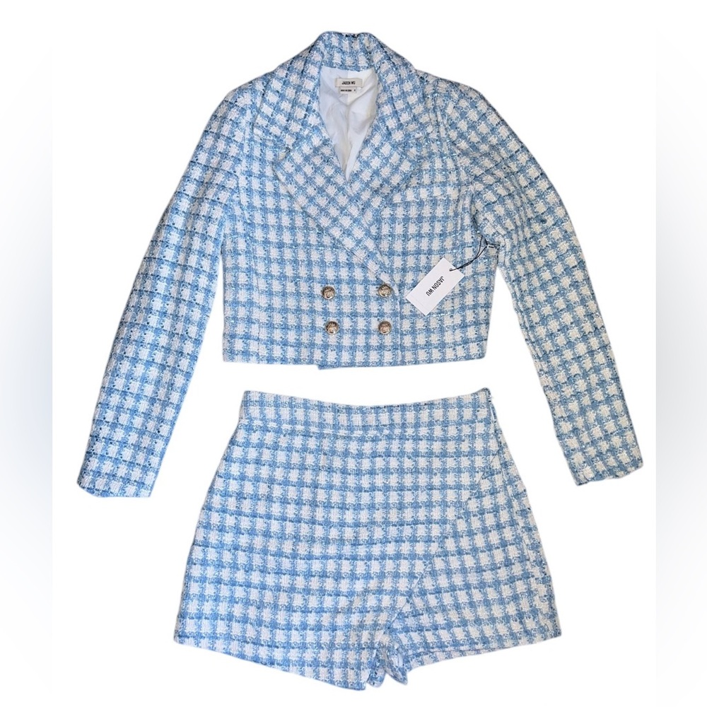 Jason Wu Light Blue and White Tweed Cropped Blazer & Shorts Set